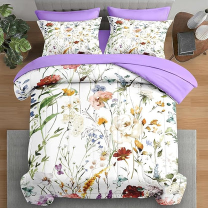 Comforter Set Queen Size, Wildflower Floral 7 Pcs Bedding for Kids and Adults, Boho Red Rose Butterfly Bed Sheet Sets with Fitted Sheet 2 Pillowcases & 2 Shams for Bedroom Bed Decor