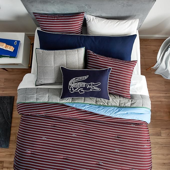 Lacoste Big Croc Decorative Pillow – 16" x 24" Throw Pillow for Bed Sofa Couch, Embroidered Crocodile Logo, 100% Brushed Twill Cotton Cover Fabric, Machine Washable, Navy
