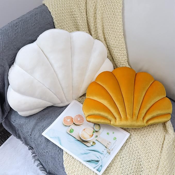 Yi-gog Seashell Pillow Sea Shaped Decorative Princess Throw Pillow 3D Velvet Soft Ocean Cute Throw Pillows for Bed Couch Chair Sofa Room 13.4 X 9.8 inch