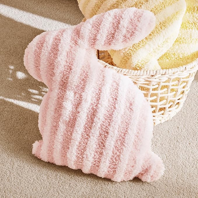 Easter Bunny Shaped Cute Throw Pillow, Decorative Fluffy Pillow for Bed and Couch, Sofa Pillow with Sherpa and Fluff, Pink and White Throw Pillow for Girl Living Room Decor Dorm, 13x15.75in