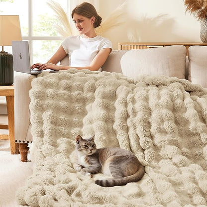 L'AGRATY Faux Rabbit Fur Blanket: 60" x 80" Twin Luxury Soft Fluffy Thick Fur Throw Blanket for Couch Bed Sofa - Cozy Plush Bubble Blankets for Winter: Flannel Fleece Decorative Blanket(Almond White)