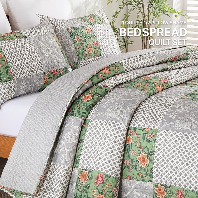Quilt Set King Size Floral Patchwork Quilted, Soft Comforter Set Bedding Sets, Coverlet Bedspread Decorative Quilts with 2 Pillow Shams 90"x104"