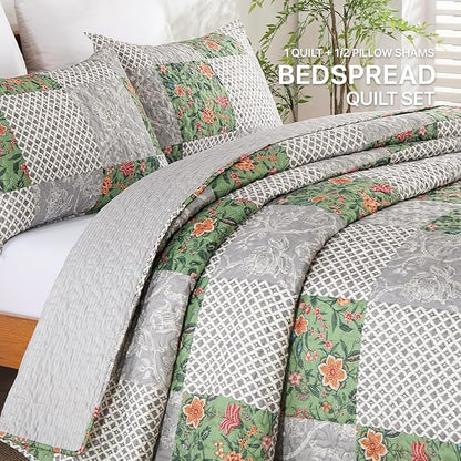 Quilt Set King Size Floral Patchwork Quilted, Soft Comforter Set Bedding Sets, Coverlet Bedspread Decorative Quilts with 2 Pillow Shams 90"x104"