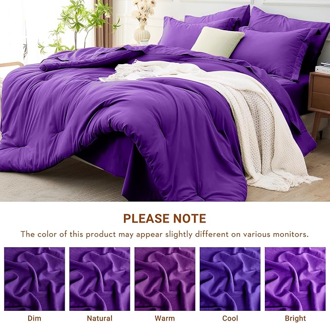 MUXHOMO 7 Pieces Full Comforter Set, Soft Bed in a Bag Full Size, All Season Bedding Set with Comforter, Flat Sheet, Fitted Sheet, Pillowcases & Shams, Purple