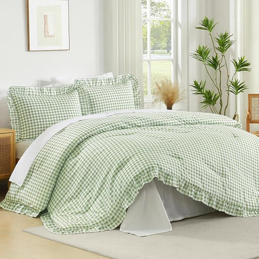 Andency Sage Gingham Ruffle Comforter King(104x90Inch), 3 Pieces(1 Ruffled Comforter and 2 Pillowcases) Solid Farmhouse Shabby Chic Bed, Vintage Rustic Soft Microfiber Bedding Set
