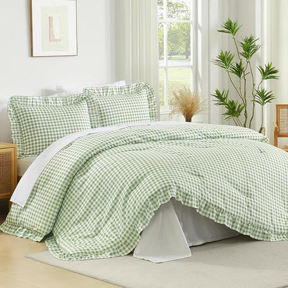Andency Sage Gingham Ruffle Comforter Cal King(104x96Inch), 3 Pieces(1 Ruffled Comforter and 2 Pillowcases) Solid Farmhouse Shabby Chic Bed, Vintage Rustic Soft Microfiber Bedding Set
