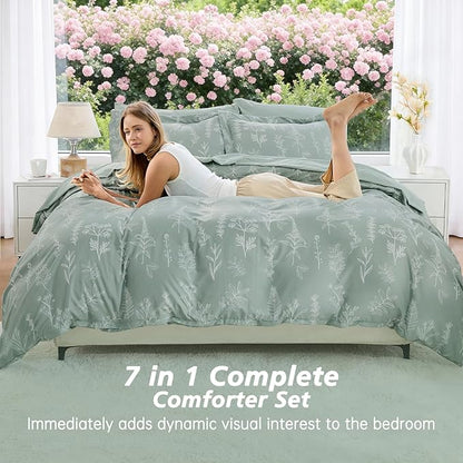 MUXHOMO Twin Comforter Set, Sage Green Elegant Floral Print Bed in a Bag 5 Pieces, Ultra Soft & Breathable Reversible Botanical Pattern Bedding Set with Comforter, Sheets, Pillowcases, and Shams