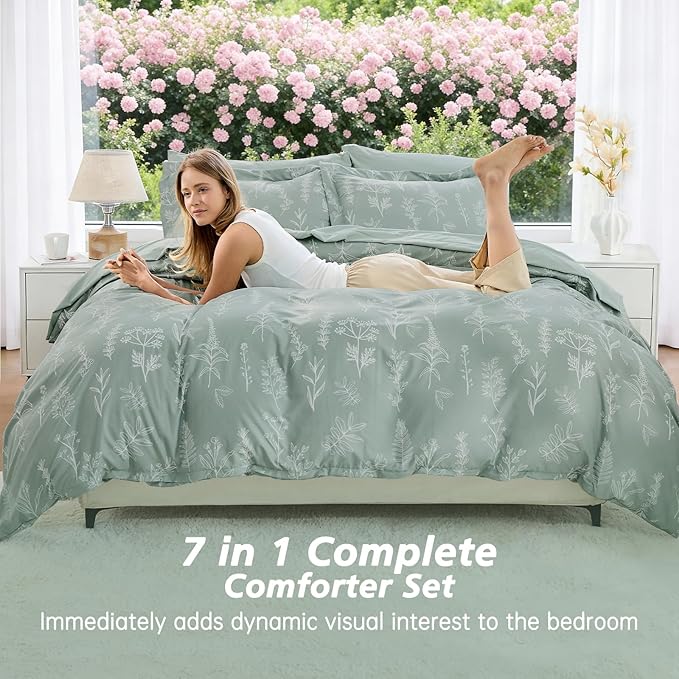 MUXHOMO Queen Comforter Set 7 Pieces, Sage Green Bed in a Bag Queen Reversible Botanical Flowers Design, Ultra Soft & Breathable Bedding Sets with Comforter, Sheets, Pillowcases & Shams