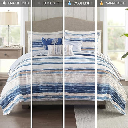 Madison Park Marina Comforter Quilt Combo Set - Modern Luxury Design, All Season Down Alternative Bedding, Matching Shams, Decorative Pillows, King/Cal King(104"x92") Seersucker Blue 8 Piece
