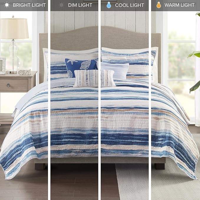 Madison Park Marina Comforter Quilt Combo Set - Modern Luxury Design, All Season Down Alternative Bedding, Matching Shams, Decorative Pillows, Full/Queen(90"x90"), Seersucker Blue 8 Piece