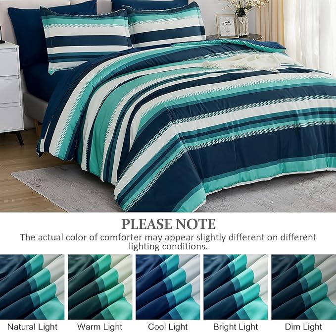 WONGS BEDDING Queen Comforter Set, Teal Comforter Set Queen, 7 Pieces Striped Bed in a Bag, Soft Micorfiber Bedding Set with Comforter, Flat Sheet, Fitted Sheet, Pillow Shams, Pillowcase