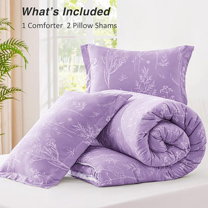 Love's cabin Lavender Full Comforter Set - Full Size Comforter Set, 3 Pieces Cute Floral Bedding Sets for All Seasons,1 Soft Reversible Botanical Flowers Comforter and 2 Pillow Shams