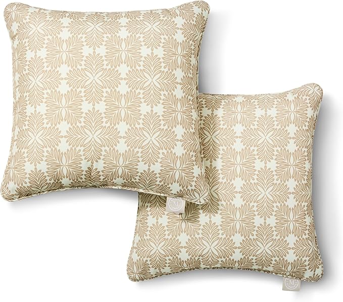 Martha Stewart Tulum Indoor Outdoor Decorative Pillow 2-Pack Set, UV Fade Resistant, Water Repellent, Printed Modern Design, Taupe, 18"x18"