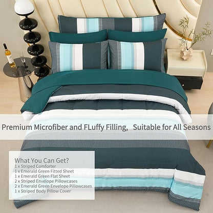 RYNGHIPY Emerald Green Colorblock Bedding Set: 8 Pieces Lightweight Fluffy Comforter Bedding Sets - Soft Microfiber Bed Set for All Seasons (Full,Emerald Green)