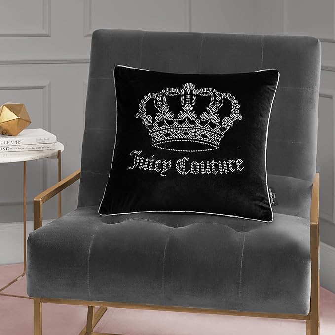 Juicy Couture Square 1-Piece Living Room and Bedroom Décor, Premium Throw Pillow, 20"x20", Black Rhinestone Crown