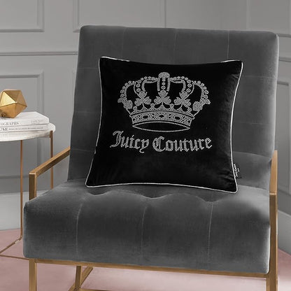 Juicy Couture Square 1-Piece Living Room and Bedroom Décor, Premium Throw Pillow, 20"x20", Black Rhinestone Crown