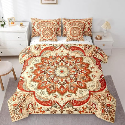 Oriental Floral Comforter Set Vintage Flower Bedding Comforter Sets for Teens Adults, Art Deco Medallion Bed in a Bag Retro Aesthetic Bedding King 7pcs, Boho Paisley Bedding Accessories Lightweight