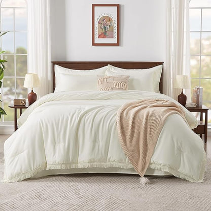 Andency Oversized King Comforter Set Ivory 120x98-7 Pieces Boho Tassel Bed in a Bag Soft Lightweight Bedding Sets, Fringe All Season Bed Set with Comforter, Sheets, Pillowcases & Shams