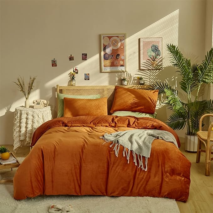 Pureant Burnt Orange Fluffy Comforter Set Full Rust Velvet Bedding Comforter Sets for Women Girls Solid Terracotta Flannel Blankets Plain Rust Caramel Full Size Comforter Modern Reddish Brown Bed