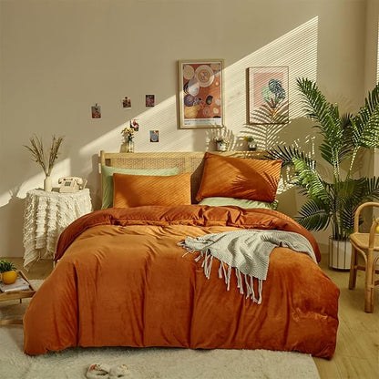 Pureant Burnt Orange Fluffy Comforter Set Queen Rust Velvet Bedding Comforter Sets for Women Girls Solid Terracotta Flannel Blankets Plain Rust Caramel Queen Size Comforter Modern Reddish Brown Bed