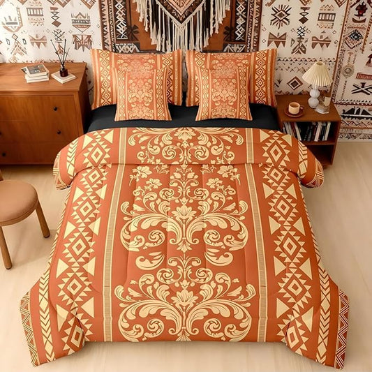 Comforter Set King Size, Orange Aztec Damask 7 Pcs Bedding for Kids and Adults, Victorian Decor Western Baroque Goth Bed Sheet Sets with Fitted Sheet 2 Pillowcases & 2 Shams for Bedroom Bed Decor