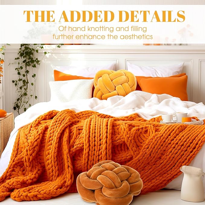 2 Pcs Knot Pillow Balls Set, 12 Inch Soft Decorative Throw Knot Pillow Ball, Large Square Knotted Floor Cushion for Living Room Bedroom Sofa Couch Bed Home Decoration (Caramel Brown, Turmeric)