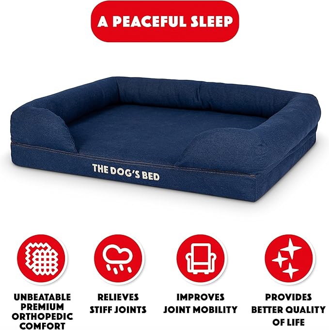 The Dog’s Bed Orthopedic Memory Foam Dog Bed with Bolsters, Oxford Fabric, Blue Denim, M