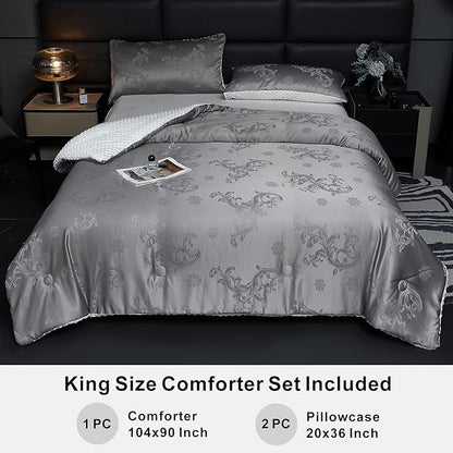 Jacquard Comforter Set - Luxury Warm Paisley Floral Pattern King Size Bedding with 2 Pillowcases All-Season Soft & Lightweight 3D Bubble Design Bed Set (104x90 Inches Grey)