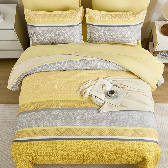 WONGS BEDDING Yellow Comforter Set Queen Size, 7 Pieces Striped Bed in a Bag Comforter and Sheet Set, Bohemian Soft Lightweight Micorfiber Bedding Set for All Seaon (90"×90")
