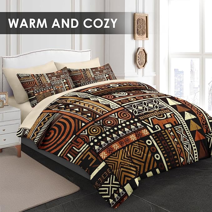 Comforter Set Queen Size, Vintage Tribal African 7 Pcs Bedding for Kids and Adults, Brown Abstract Patchwork Bed Sheet Sets with Fitted Sheet 2 Pillowcases & 2 Shams