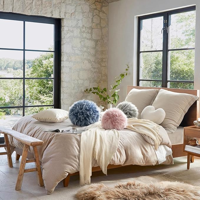 Ashler Plush Round Pillows, Ball Throw Pillow with Handle, Faux Fur Luxury Soft Decorative Cushion, Modern Home Decor Fluffy Round Pillow for Sofa, Bed, Chair, Dark Blue, 12 x 12 inch