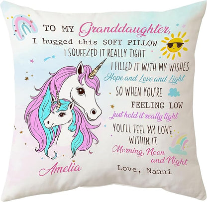 Hyturtle Personalized Granddaughter Throw Pillow (Insert Included) Gifts from Grandma - Birthday Graduation Gifts for Granddaughter -Unicorn Custom Name Sofa Couch Cushion Home Decor Pillow