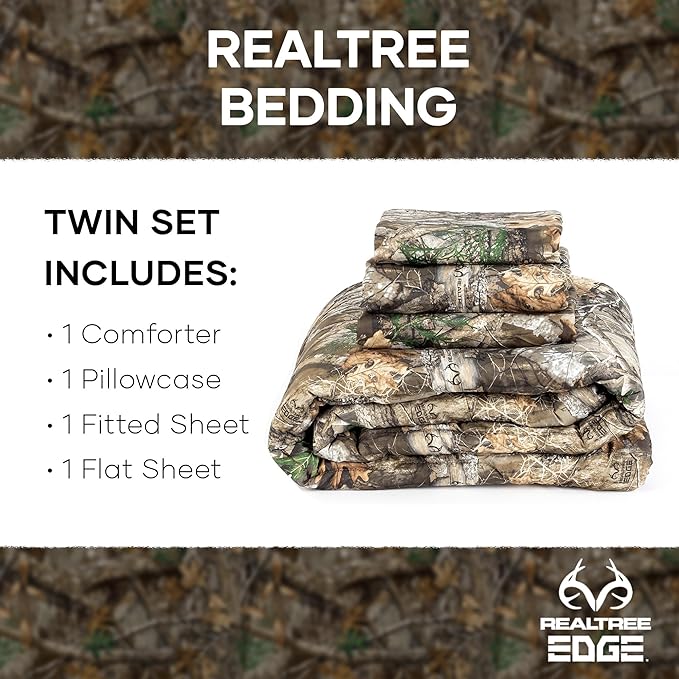 Northwest Realtree 4-Piece Twin Size Bed in a Bag Set, 1 Comforter, 1 Fitted Sheet, 1 Flat Sheet, 1 Pillowcase, All Seasons Bedding, Edge Camo