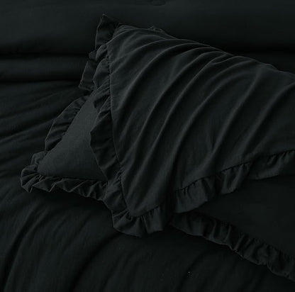 Chezmoi Collection Nora Black Comforter Set King Size 3-Piece Fluffy Soft Stone-Washed Ruffled Shabby Chic Bedding for All Season