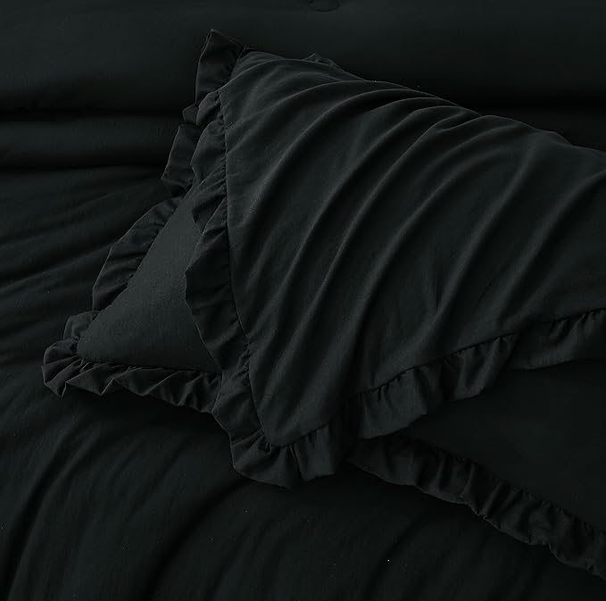 Chezmoi Collection Nora Black Comforter Set Full Size 3-Piece Fluffy Soft Stone-Washed Ruffled Shabby Chic Bedding for All Season