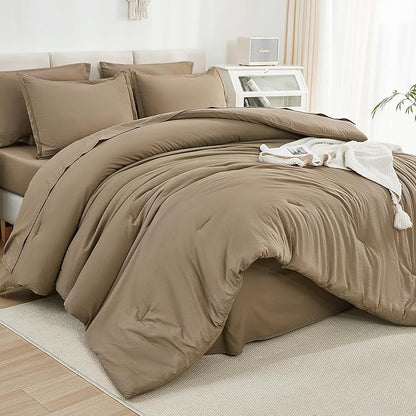 Litanika King Size Comforter Set Taupe - 7 Pieces Bed in a Bag King Bedding Comforter Sets, Solid Lightweight Bed Set with Comforter, Sheets, Pillowcases & Shams