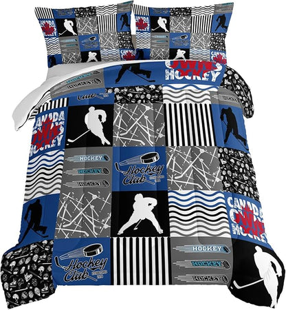 HOSIMA Ice Hockey Queen Size Comforter Sets for Boys Kids Teens Bedroom Decor,Soft Microfiber Sports Theme Blue and Gray Hockey Bedding with 2 Pillowcases,Hockey Player Bedding Comforters & Sets.