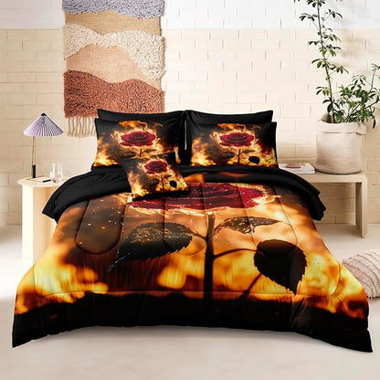 Black Red Comforter Set Fire Rose Romantic Bedding Set Red Rose Flower Floral Orange Flame Bedding Love Couple Comforter Black King Bed in A Bag