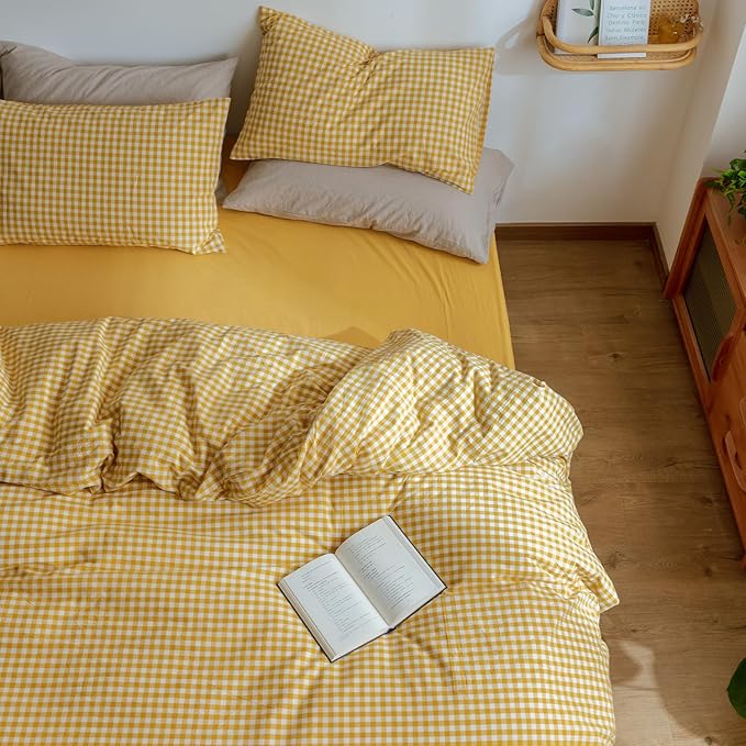 mixinni Yellow Gingham Comforter Set Twin XL, Plaid Comforter Set 3 Pieces 1 Yellow Grid Comfoter with 2 Pillow Cases for All Seasons, Soft Fluffy Modern Grid Pattern Printed Bedding-Twin XL Size