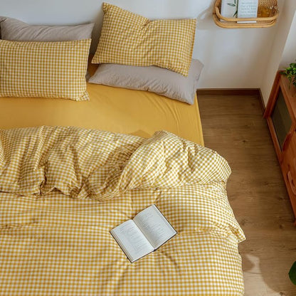 mixinni Yellow Gingham Comforter Set Twin XL, Plaid Comforter Set 3 Pieces 1 Yellow Grid Comfoter with 2 Pillow Cases for All Seasons, Soft Fluffy Modern Grid Pattern Printed Bedding-Twin XL Size