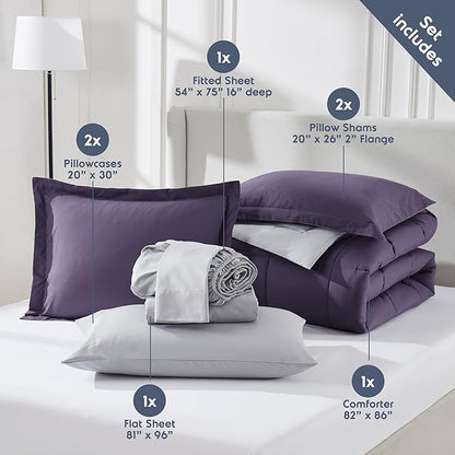Nestl 7 Piece Full Comforter Set – Purple Reversible Bed in a Bag – Complete Full Size Bedding Set with Sheets, Pillowcases and Shams