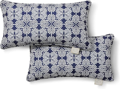 Martha Stewart Tulum Indoor Outdoor Decorative Lumbar Pillow 2-Pack Set, UV Fade Resistant, Water Repellent, Printed Modern Design, Navy Blue, 11"x18"
