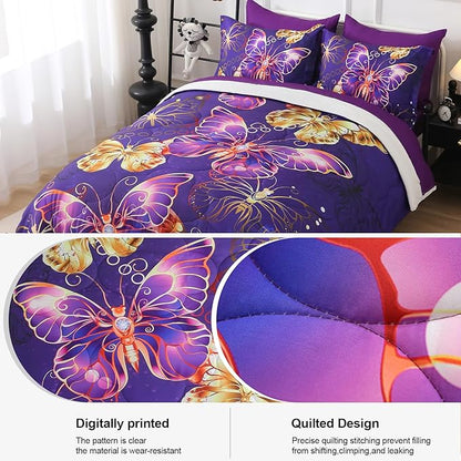 7 Piece Butterflies Comforter Set Full Size 3D Gold Violet Butterflies Bedding Set for Kids Girls Women for Birthday Christmas Gift