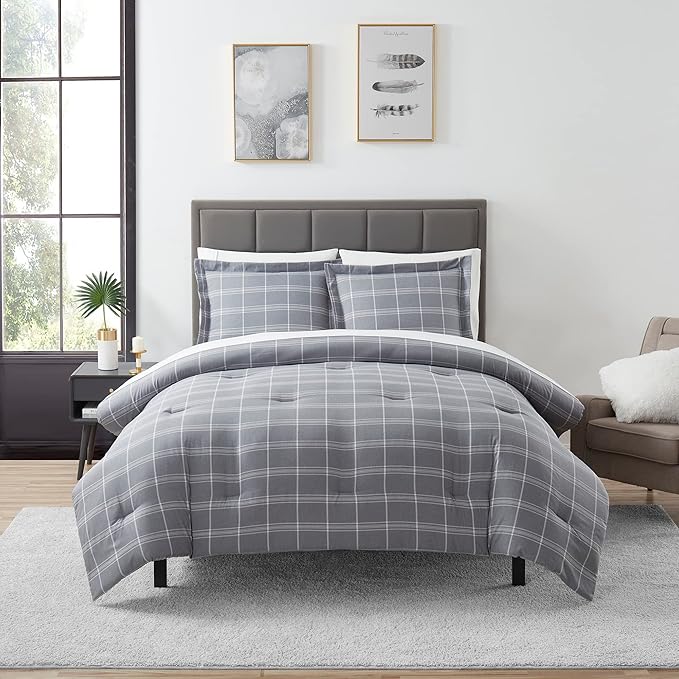 7 Piece Comforter Set Bag Solid Color All Season Soft Down Alternative Blanket & Luxurious Microfiber Bed Sheets, Full, Gray Plaid