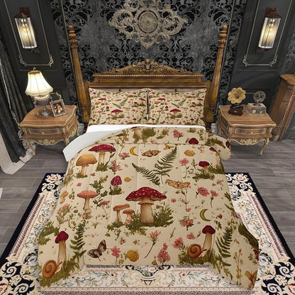 Erosebridal Wild Mushroom Butterfly Flower Bedding Set, Boho Mushroom Moth Comforter Set Full for Kids Girls Boys Teens Adults, Spring Blossom Comforter, Natural Wild Fungus Quilt 3 Piece