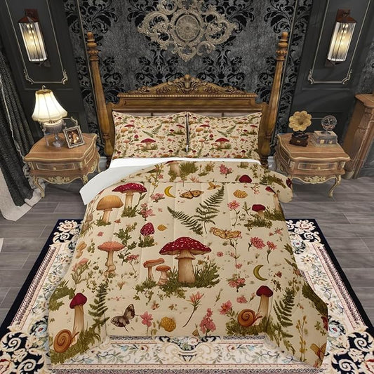 Erosebridal Wild Mushroom Butterfly Flower Bedding Set, Boho Mushroom Moth Comforter Set Toddler for Kids Girls Boys Teens Adults, Spring Blossom Comforter, Natural Wild Fungus Quilt 2 Piece