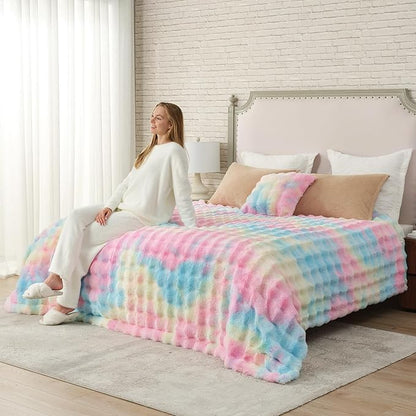 Cozy Bliss Faux Fur Throw Blanket for Couch, Bubble Plush Blanket King Size, Fuzzy Soft & Thick Blanket for Bed Sofa Living Room, 108x90 Inches Tie-dye Rainbow