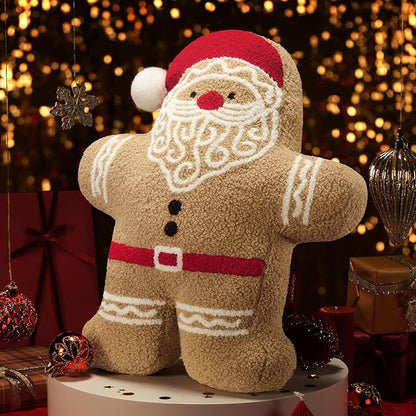 Phantoscope Gingerbread Merry Christmas Throw Pillow, Plush Teddy Xmas Gingerbread Santa Claus Shaped Pillows Christmas Decorative Pillow for Couch Living Room Bed, Beige, 20 x 16.5 inches