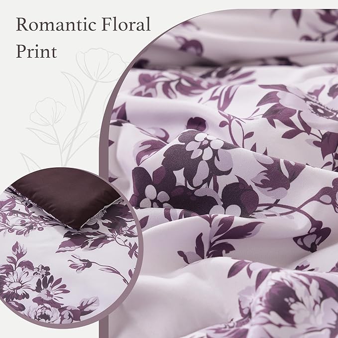 Twin XL Comforter Set -5 Pieces Floral Deep Purple Bedding Set for All Seasons, Bed in a Bag with Botanical Flowers Comforter, Sheets, Pillowcase & Sham