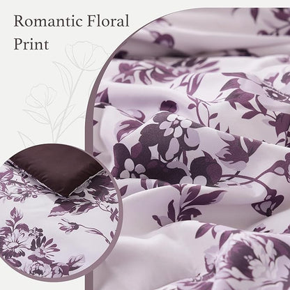 Twin XL Comforter Set -5 Pieces Floral Deep Purple Bedding Set for All Seasons, Bed in a Bag with Botanical Flowers Comforter, Sheets, Pillowcase & Sham